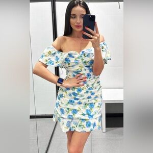 Zara dress mini off shoulder linen blend floral summer vacation boho